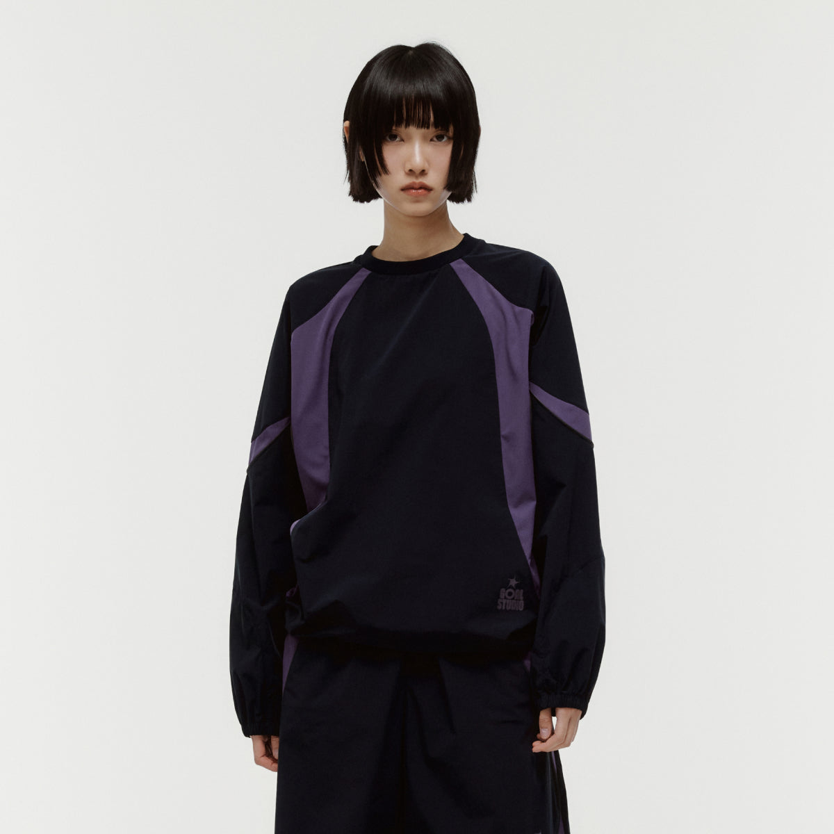 COLOR-BLOCK WOVEN PULLOVER - NAVY