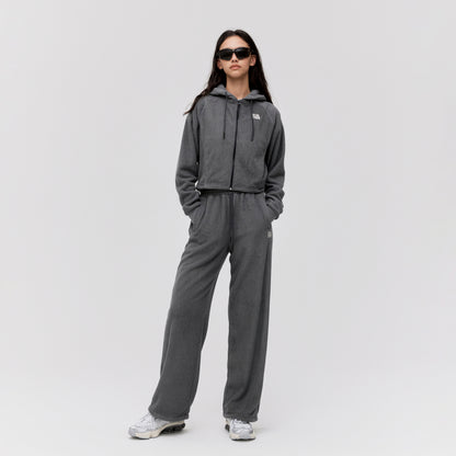 W'S TERRY FLEECE CROPPED FULL ZIP-UP HOODIE - CHARCOAL