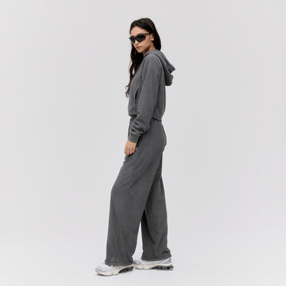 W'S TERRY FLEECE CROPPED FULL ZIP-UP HOODIE - CHARCOAL