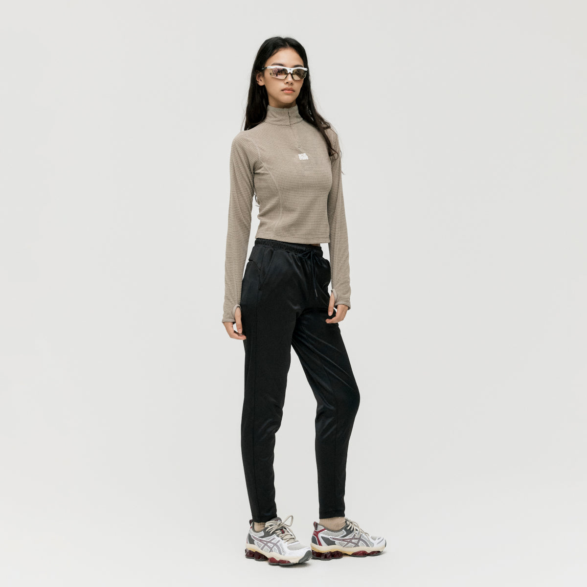 W'S GRID FLEECE QUARTER ZIP-UP TEE - DARK BEIGE