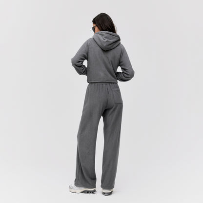 W'S TERRY FLEECE CROPPED FULL ZIP-UP HOODIE - CHARCOAL