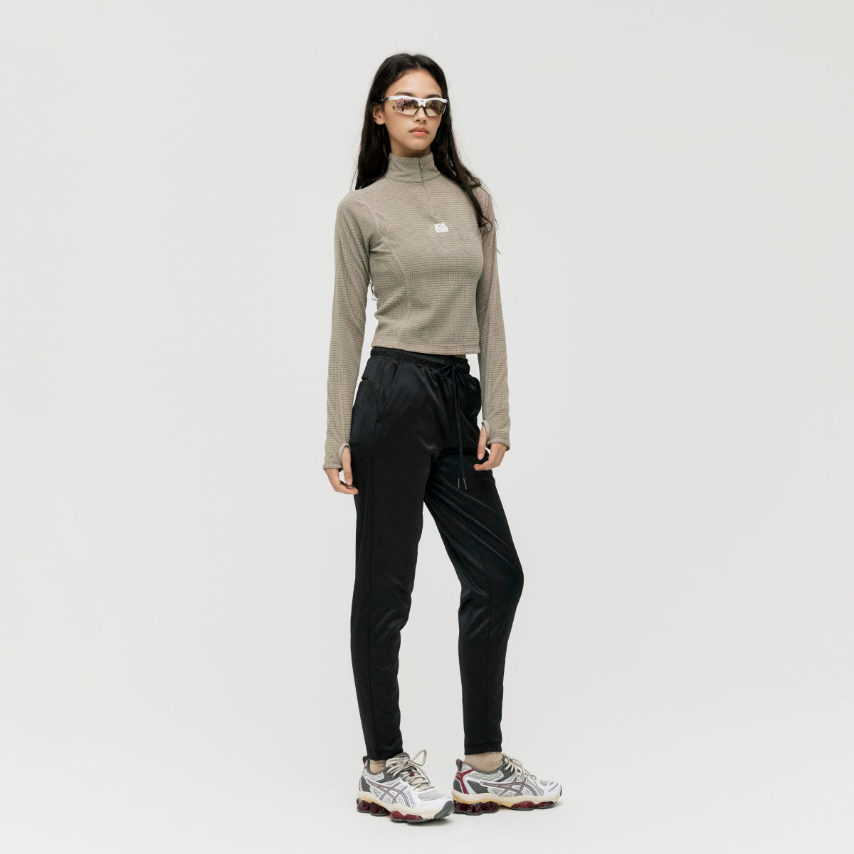 W'S GRID FLEECE QUARTER ZIP-UP TEE - DARK BEIGE