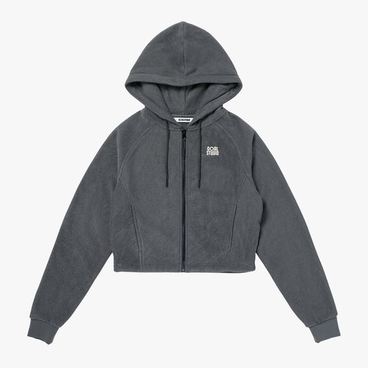 W'S TERRY FLEECE CROPPED FULL ZIP-UP HOODIE - CHARCOAL