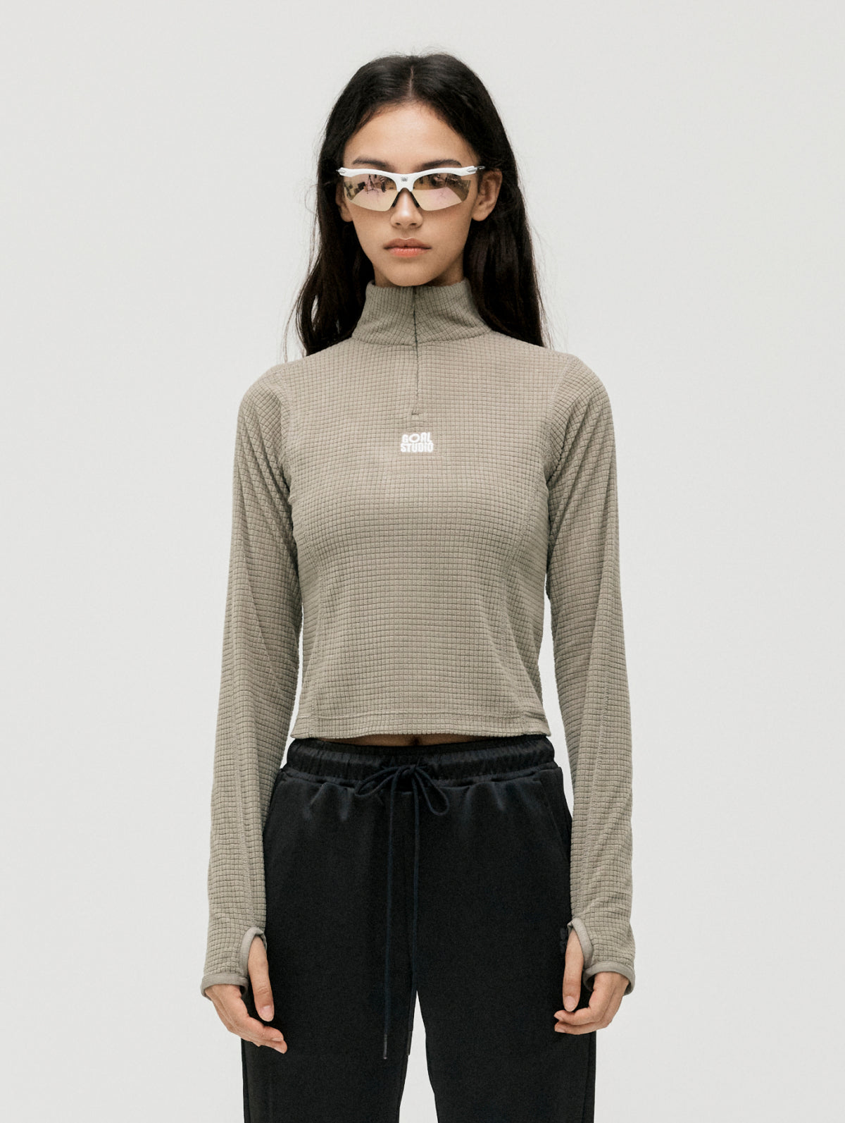 W'S GRID FLEECE QUARTER ZIP-UP TEE - DARK BEIGE