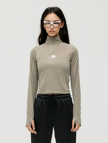 W'S GRID FLEECE QUARTER ZIP-UP TEE - DARK BEIGE