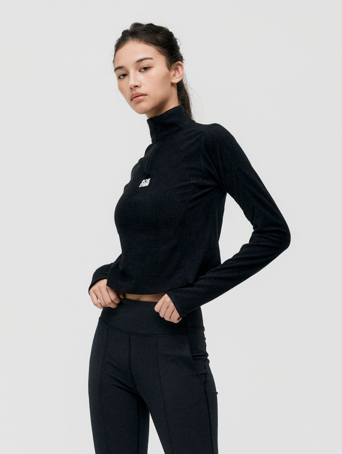 W'S GRID FLEECE QUARTER ZIP-UP TEE - BLACK