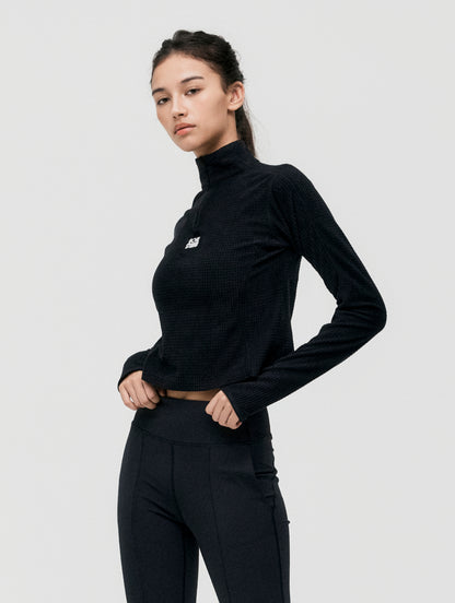 W'S GRID FLEECE QUARTER ZIP-UP TEE - BLACK