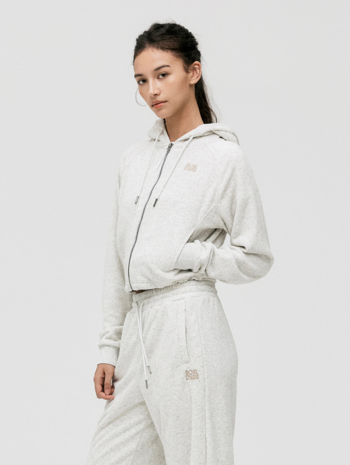 W'S TERRY FLEECE CROPPED FULL ZIP-UP HOODIE - OATMEAL