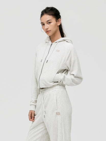 W'S TERRY FLEECE CROPPED FULL ZIP-UP HOODIE - OATMEAL