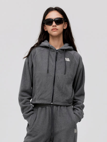 W'S TERRY FLEECE CROPPED FULL ZIP-UP HOODIE - CHARCOAL