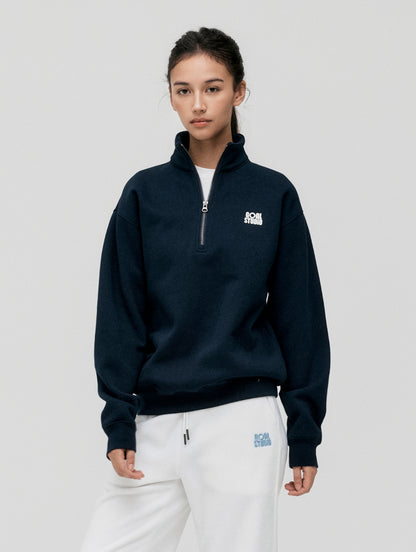 ESSENTIAL BRUSHED QUARTER ZIP-UP TEE - NAVY